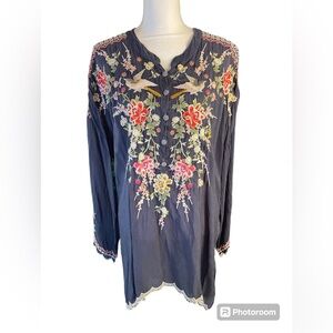Johnny Was Navy Floral Embroidered Tunic
